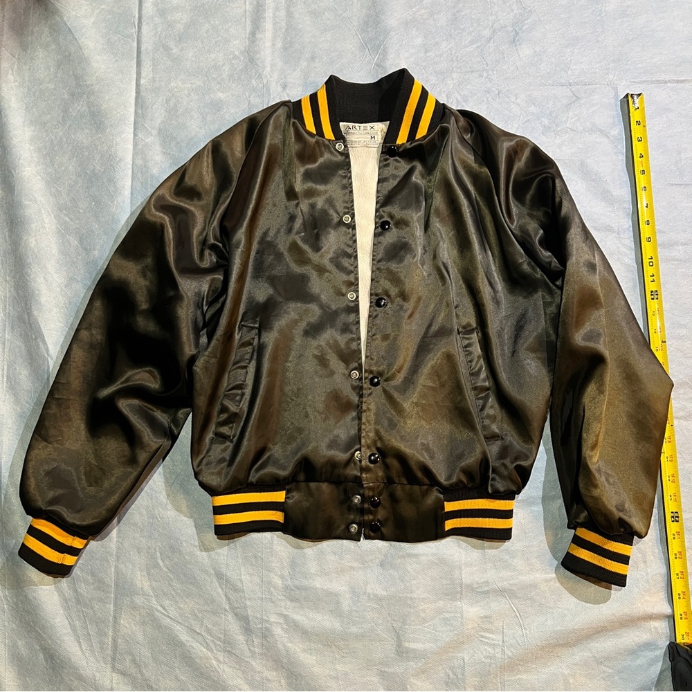 Stylish Black Satin Bomber Jacket with Gold Accents